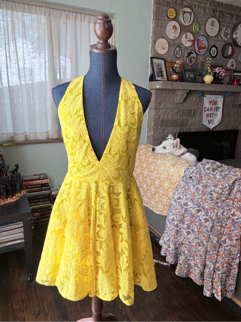 bebe Bright Yellow Lace Plunge Mini Fit and Flare Dress